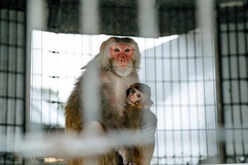 Pink-faced rhesus macaque monkeys at