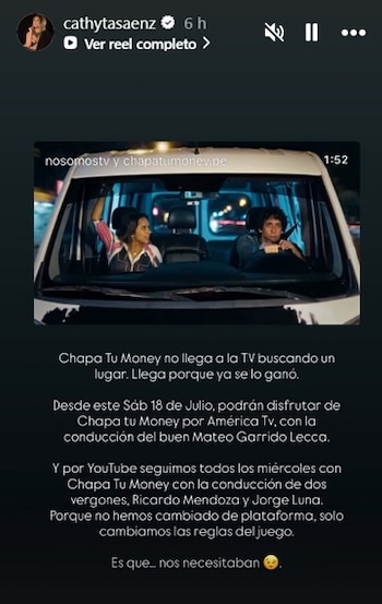 El mensaje de la productora Cathy Saánz sobre el estreno de ‘Chapa tu Money’ . IG