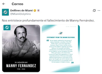 Captura de pantalla de un tuit de los Miami Dolphins con una foto en blanco y negro de Manny Fernandez y un comunicado sobre su fallecimiento