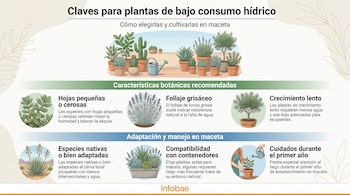 Infografía con título "Claves para plantas de bajo consumo hídrico", varias ilustraciones de plantas en maceta, regadera, y texto informativo.