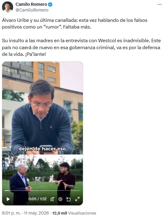 Camilo Romero rechazó declaraciones de Álvaro Uribe Vélez sobre los falsos positivos y denunció negacionismo - crédito @CamiloRomero/X