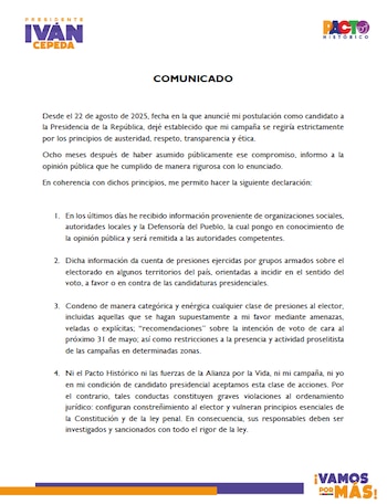 Cepeda rechazó de manera categórica cualquier intento de constreñimiento al elector y advirtió que tales prácticas atentan contra el marco legal colombiano - crédito prensa Iván Cepeda