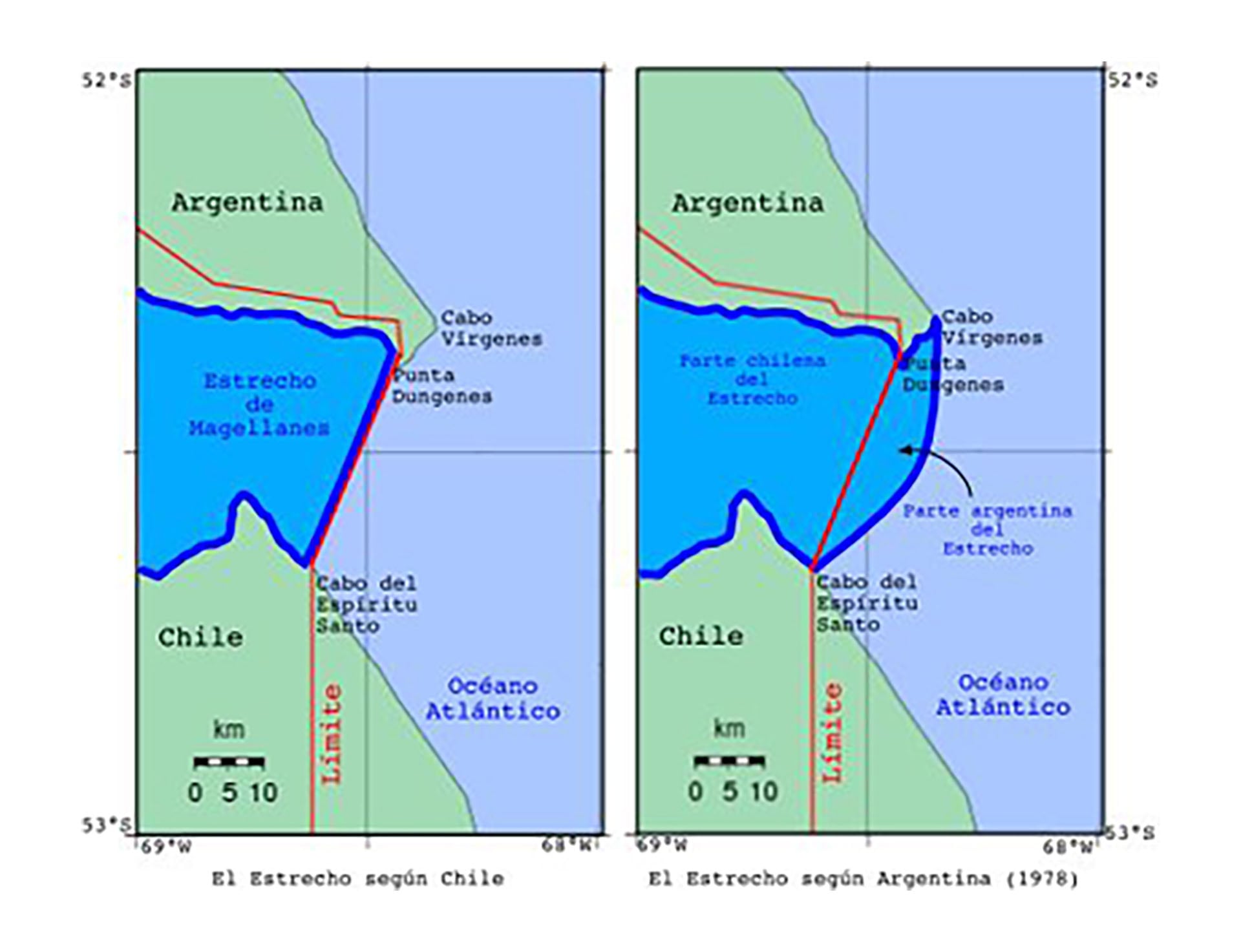 Una comparación cartográfica ilustra las diferentes interpretaciones de Chile y Argentina sobre los límites marítimos en el Estrecho de Magallanes, destacando la zona en disputa.