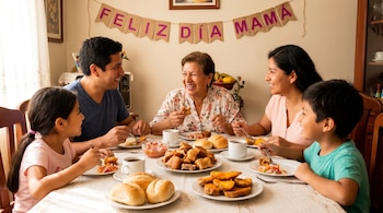 Cinco personas, incluyendo una madre y una abuela, disfrutan un desayuno en una mesa con chicharrones, pan y camotes. Un letrero "FELIZ DÍA MAMÁ" cuelga en la pared.