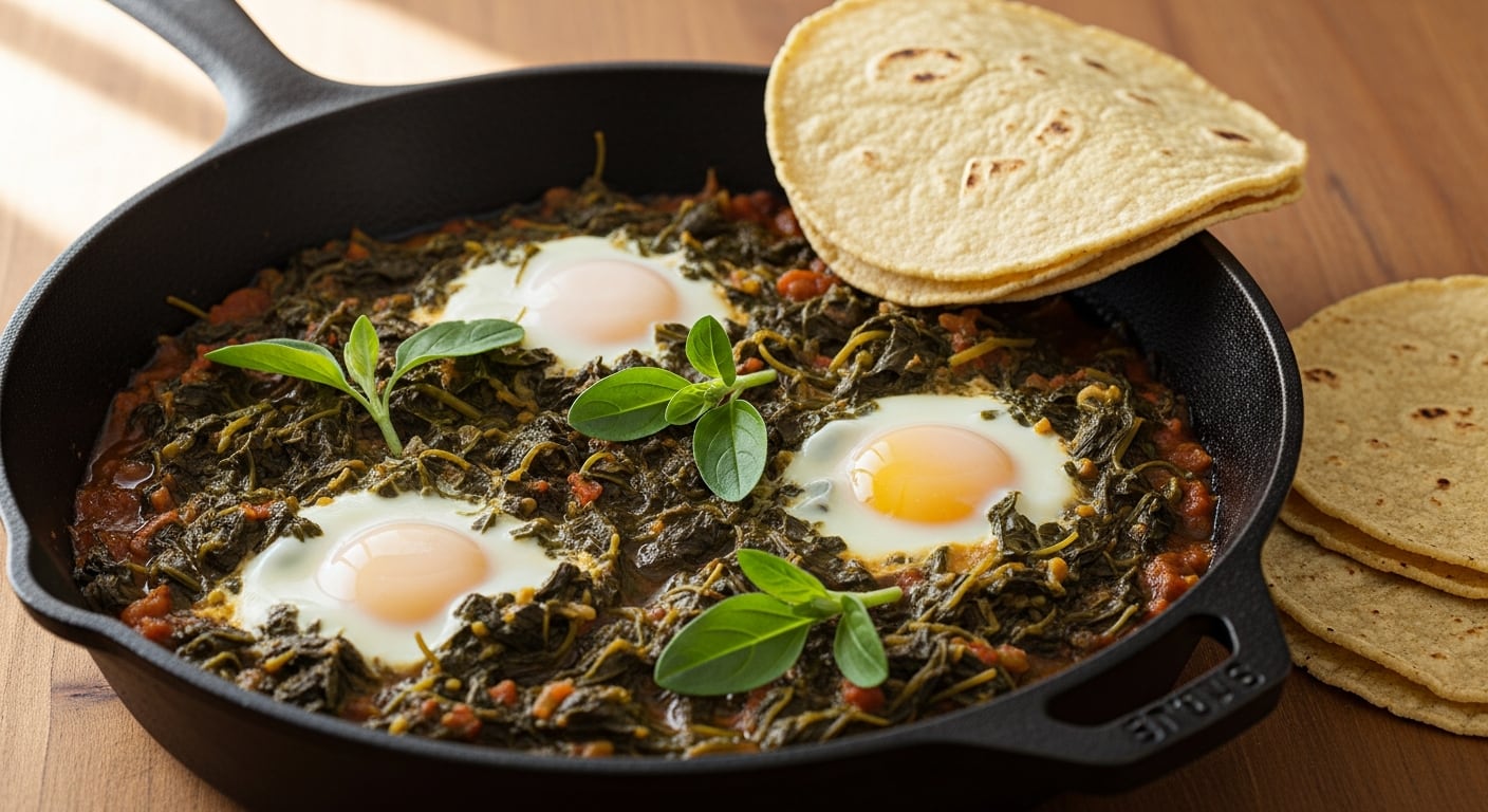 Un plato rústico de quelites guisados con tres huevos apenas cuajados en una sartén de hierro fundido, acompañado de tortillas de maíz, ofreciendo una experiencia culinaria auténtica. (Imagen Ilustrativa Infobae)
