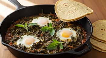 Guiso de quelites y tomate con tres huevos fritos en una sartén de hierro fundido negra. Al lado hay un montón de tortillas de maíz.