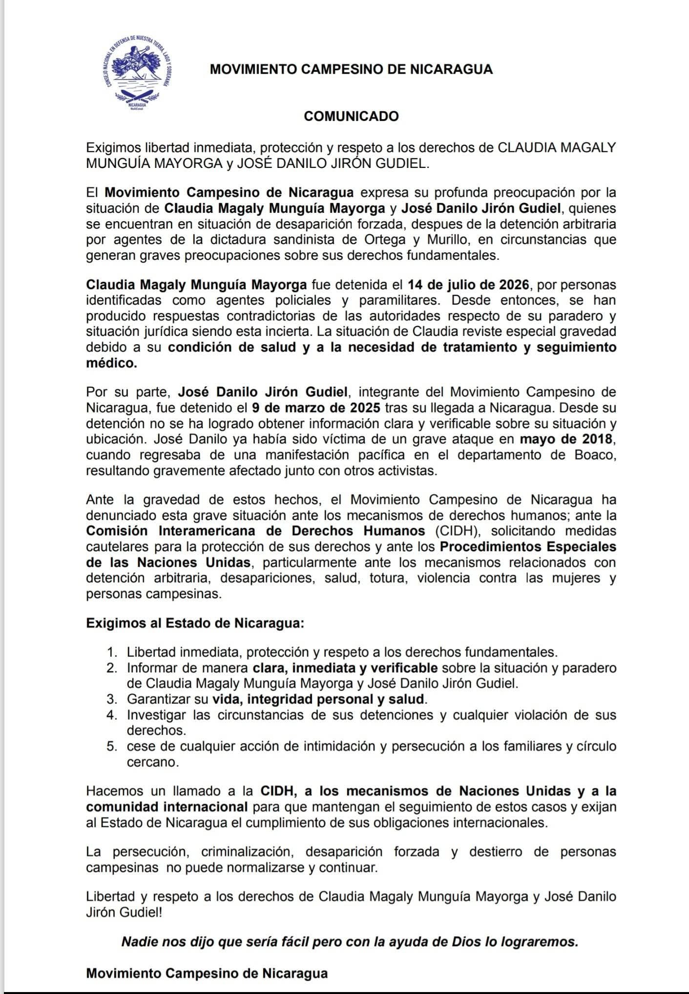 Movimiento Campesino de Nicaragua expresó su preocupación sobre la desaparición forzada de Claudia Magaly Munguía Mayorga a través de una comunicado. (Comunicado: Redes sociales)