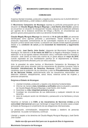 Movimiento Campesino de Nicaragua expresó su preocupación sobre la desaparición forzada de Claudia Magaly Munguía Mayorga a través de una comunicado. (Comunicado: Redes sociales)