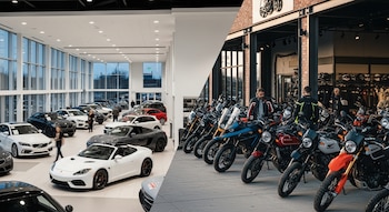 Imagen dividida mostrando a la izquierda un concesionario de autos con muchos vehículos y clientes, y a la derecha un concesionario de motos con diversas motocicletas y personas.