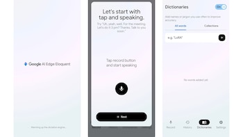 Tres capturas de pantalla de una aplicación móvil. La primera muestra el logo "Google AI Edge Eloquent", la segunda una interfaz de grabación y la tercera la sección de diccionarios