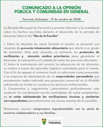 La Alcaldía de Yarumal divulgó el reporte oficial sobre los afectados por la intoxicación el 17 de octubre- crédito Alcaldía Yarumal/Facebook