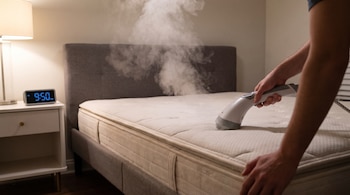 Persona usando un vaporizador en un colchón; mesita de noche con lámpara y reloj digital que marca las nueve y cincuenta.