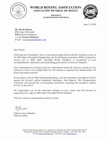 Carta emitida por la AMB anunciando el logro del costarricense. Crédito: Redes sociales David Jiménez