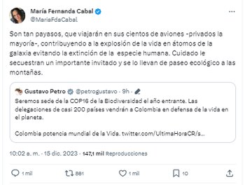 Senadora María Fernanda Cabal se burló de la selección de Colombia como sede de la COP16 - crédito @MariaFdaCabal /X