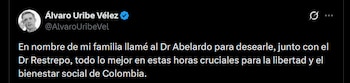 Álvaro Uribe - crédito @AlvaroUribeVel/X
