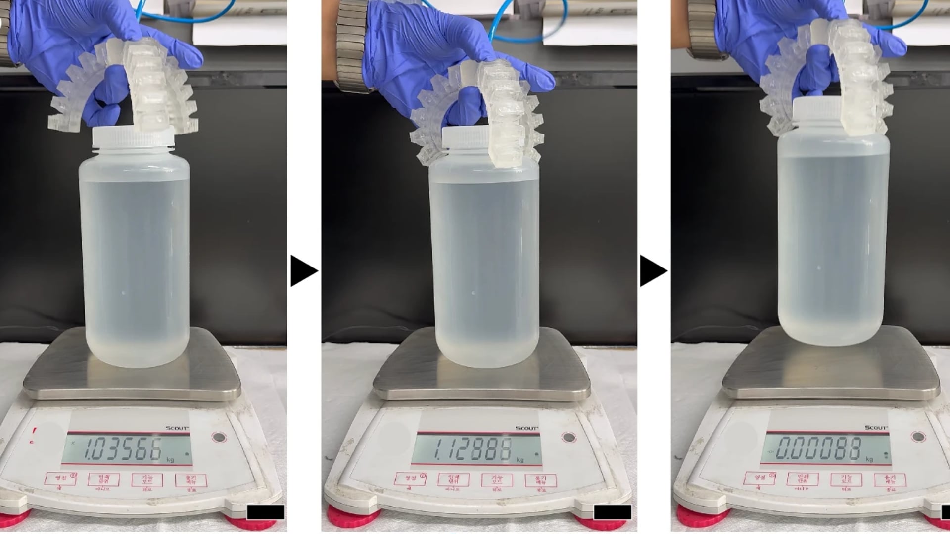 La misma mano robótica puede levantar una botella de agua de un litro sin perder el agarre. (Nature Communications)