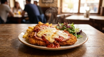 Milanesa a la napolitana con queso fundido, jamón, salsa de tomate, papas fritas y ensalada fresca, humeando sobre una mesa de madera en un restaurante.