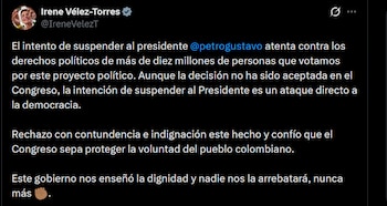 Irene Vélez - crédito @IreneVelezT/X