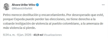 En plena campaña para la segunda vuelta presidencial entre Abelardo de la Espriella e Iván Cepeda, el expresidente Álvaro Uribe Vélez pidió la destitución del presidente Gustavo Petro y sostuvo que debe ir a prisión - crédito @AlvaroUribeVel/X