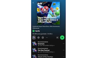 Interfaz de Spotify mostrando la playlist oficial de Super Mario Galaxy y Super Mario Galaxy 2, con Mario y Yoshi en el espacio