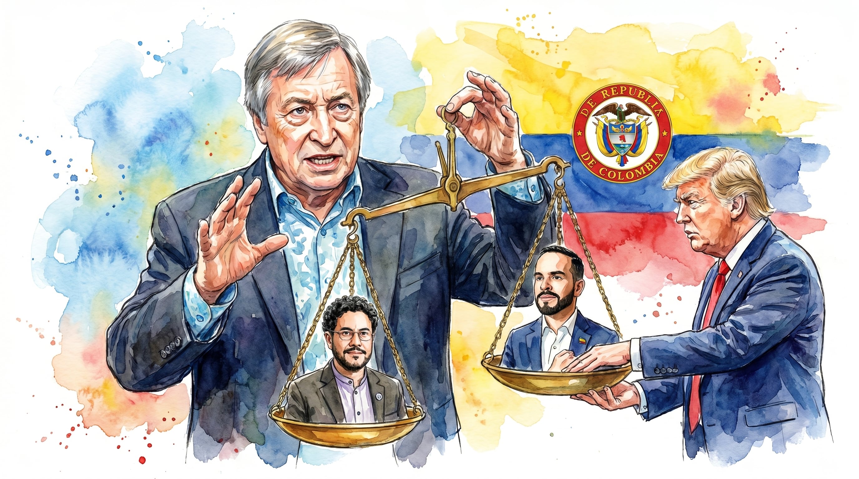 Una ilustración en acuarela muestra a Dick Morris sosteniendo una balanza con Iván Cepeda y Abelardo de la Espriella, mientras Donald Trump parece influir en el equilibrio frente a la bandera de Colombia. (Imagen Ilustrativa Infobae)