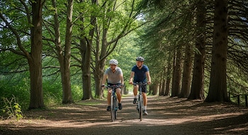 Una pareja en bicicletas pedalea por un sendero arbolado, ambos llevan cascos y ropa deportiva. Los árboles verdes y altos flanquean el camino de tierra.