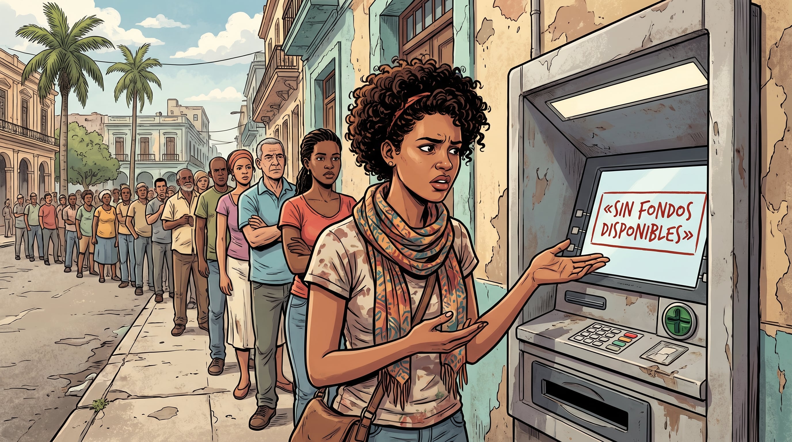 Una mujer en Cuba intenta utilizar un cajero automático sin fondos mientras una larga fila de personas aguarda en la calle. (Imagen Ilustrativa Infobae)