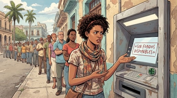 Ilustración de una mujer frente a un cajero automático con el mensaje «SIN FONDOS DISPONIBLES» y una fila de personas detrás.