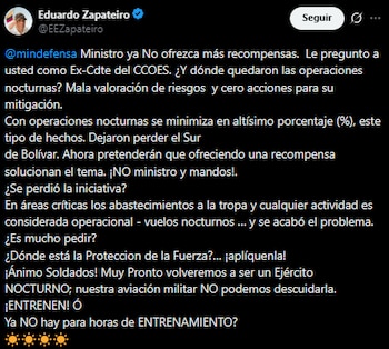 El general Eduardo Zapateiro critica