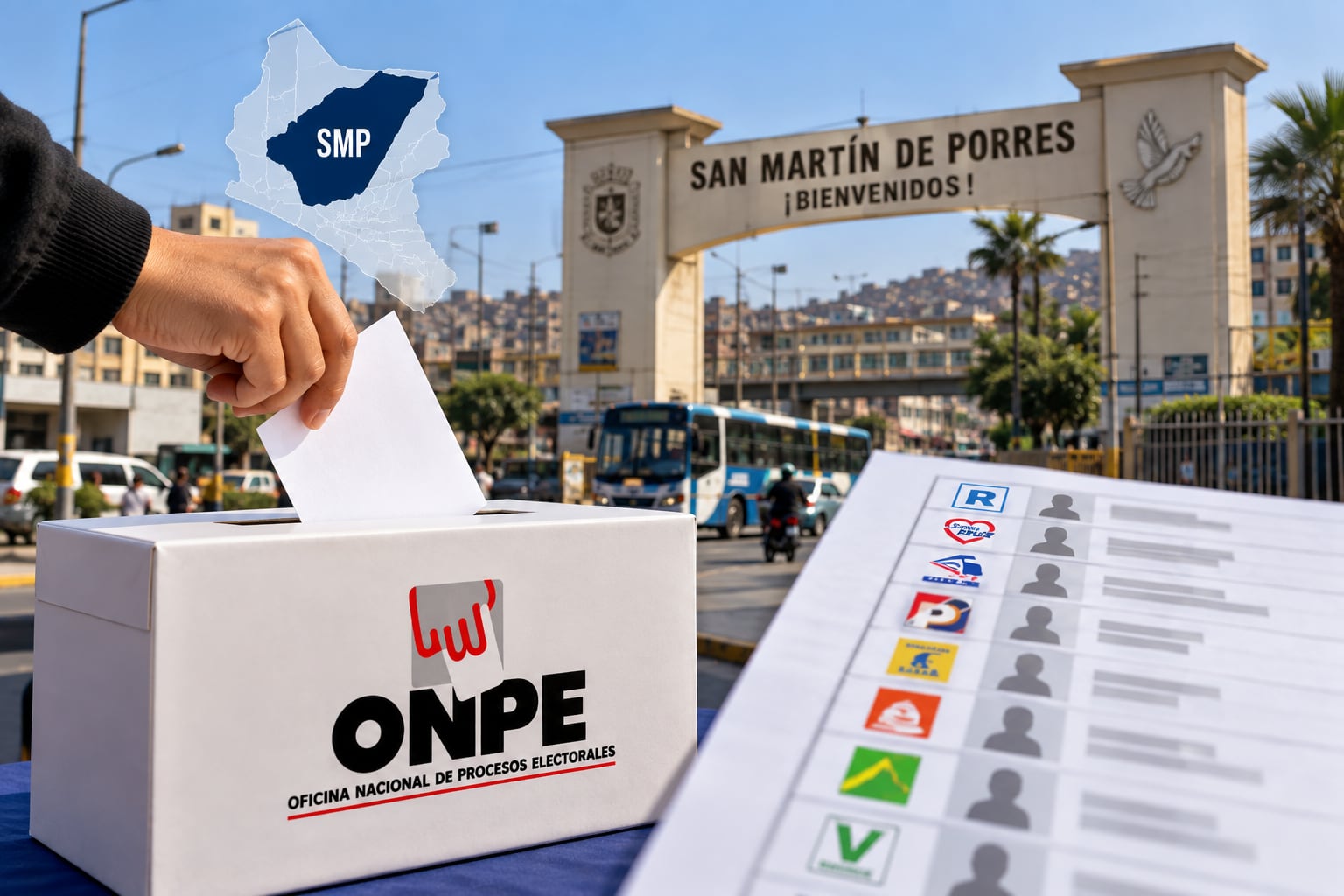 Una persona deposita su voto en un ánfora de la Oficina Nacional de Procesos Electorales frente al pórtico de ingreso al distrito de San Martín de Porres. (Imagen Ilustrativa Infobae)