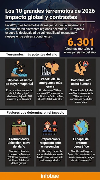 Infografía sobre los 10 grandes terremotos de 2026 con 6.301 víctimas. Muestra mapas de Filipinas, Venezuela, Colombia e iconos de factores de impacto.