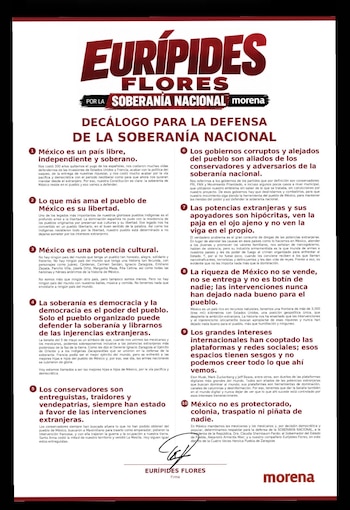 Cartel con el nombre de Eurípides Flores, el logotipo del partido Morena y una lista con diez puntos titulados sobre la soberanía de México