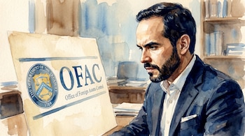 Ilustración acuarela de un hombre con barba y traje oscuro mirando un cartel con el logo de OFAC. Hay una estantería de libros difusa al fondo.
