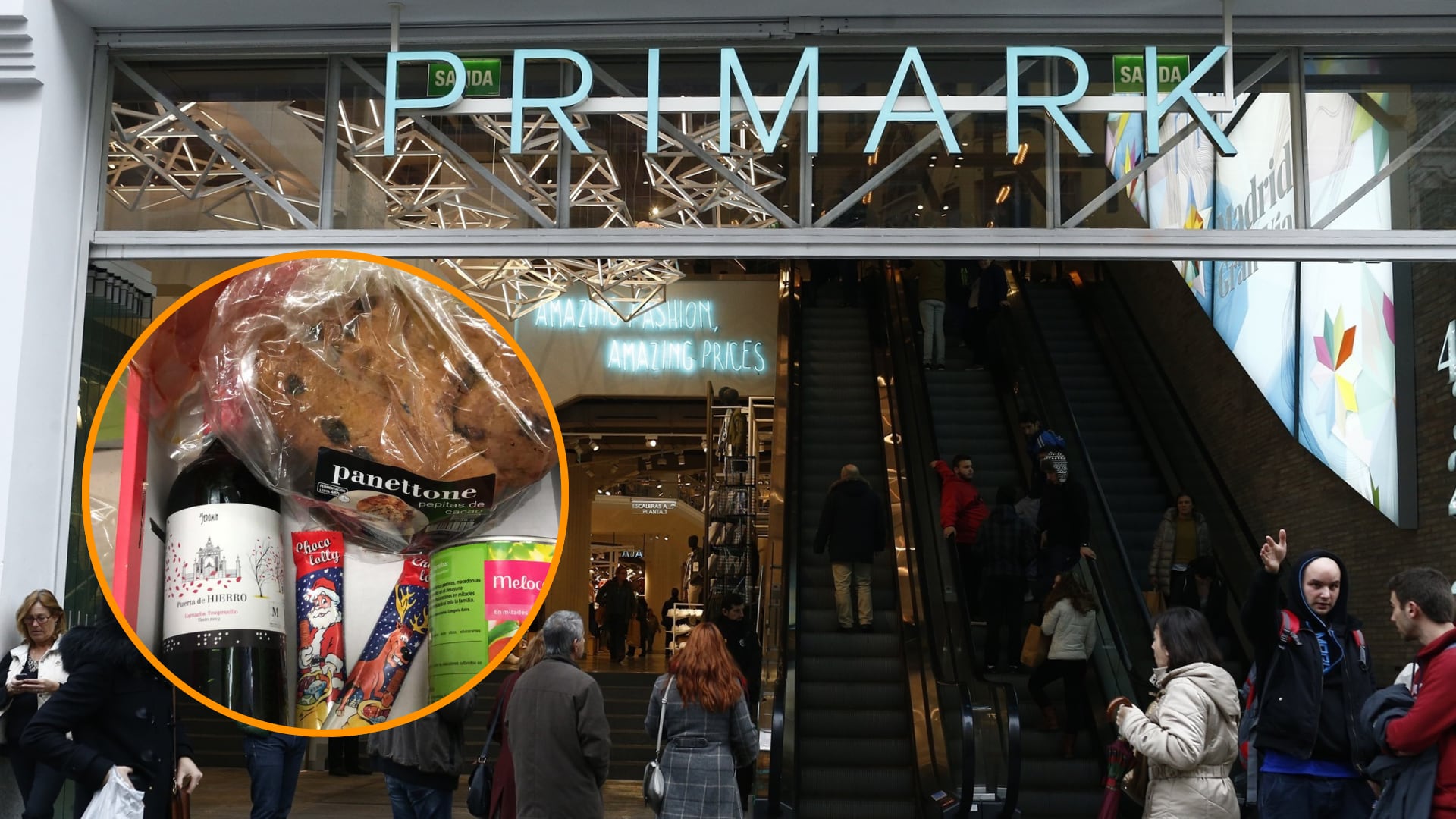 Primark Gran Vía cuenta con más de 1.100 empleados, entre los que sorteará 22 cestas de Navidad (Montaje Infobae España)