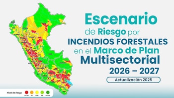 Mapa de Perú coloreado en diferentes tonos con una leyenda de niveles de riesgo y un texto informativo sobre incendios forestales