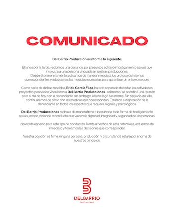 Letrero rojo "COMUNICADO" en la parte superior. Texto informativo en blanco y negro sobre denuncia y separación. Logotipo de Del Barrio Producciones