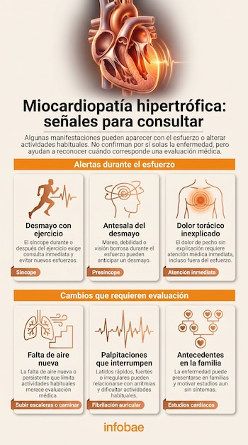 Infografía con una ilustración de un corazón humano y seis recuadros con íconos sobre síntomas y señales de la miocardiopatía hipertrófica.
