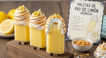 Tres paletas de pay de limón cremosas con merengue tostado y ralladura de limón en un soporte de madera. Una paleta tiene un mordisco.