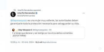 El senador Jota Pe Hernández mostró su apoyo a Day Vásquez y pidió por la seguridad de ella - crédito @JotaPeHernandez/X
