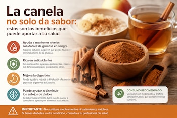 La canela, además de ser una de las especias más utilizadas en la cocina, contiene antioxidantes y compuestos bioactivos que diversos estudios han asociado con beneficios para la salud cuando se consume con moderación como parte de una alimentación equilibrada
