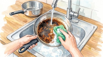 Unas manos sostienen una sartén con residuos de comida, una esponja verde, un grifo vierte agua en un fregadero de cocina, una olla, una encimera de madera.