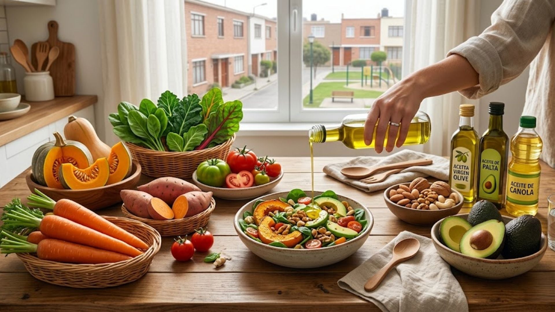 Una persona adereza una ensalada servida junto a diversos vegetales, frutos secos y botellas de aceite vegetal sobre una mesa de madera. (Imagen Ilustrativa Infobae)