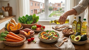 Una mano vierte aceite sobre un tazón de ensalada rodeado de recipientes con zanahorias, calabaza, tomates, aguacate y botellas de aceite