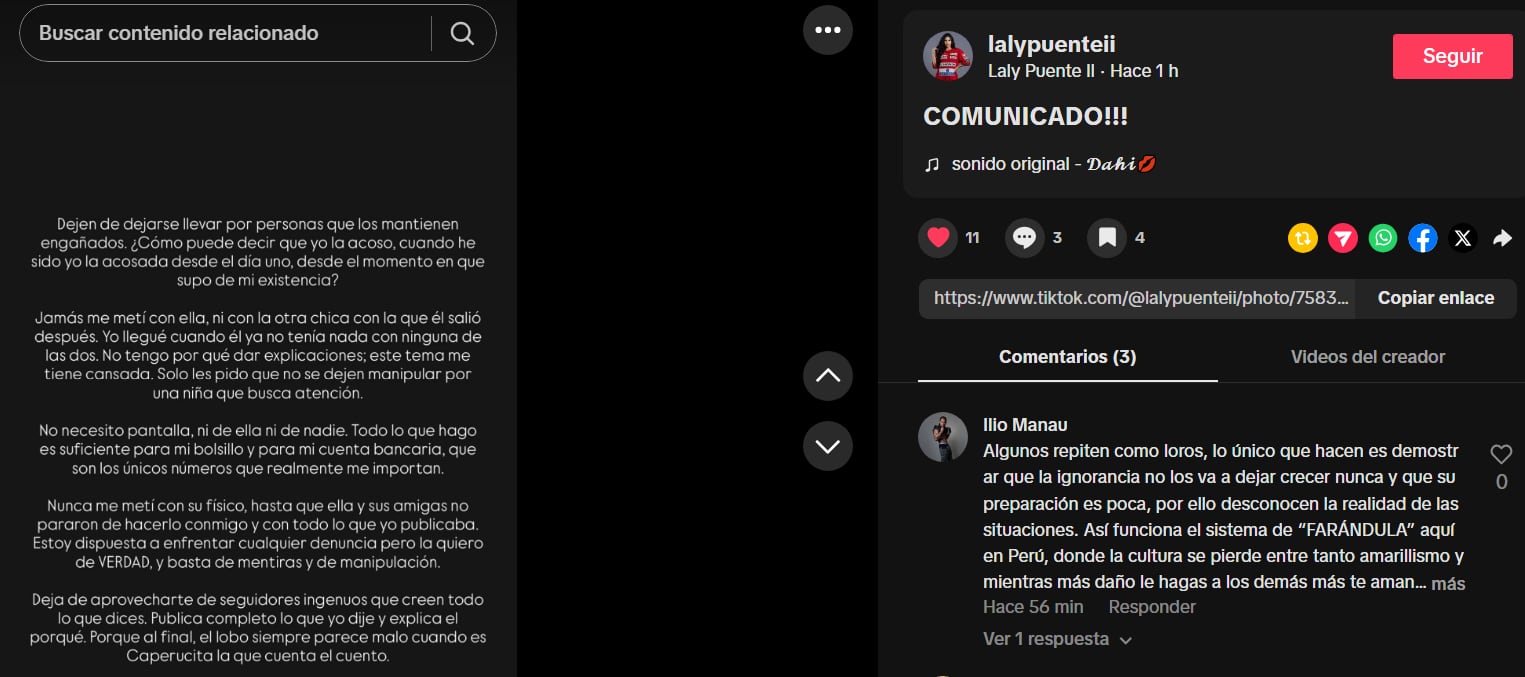 Ilio, vocalista de Salserín, y su pareja Laly Puente niegan las acusaciones y acusan a Mafer Portugal de manipulación.