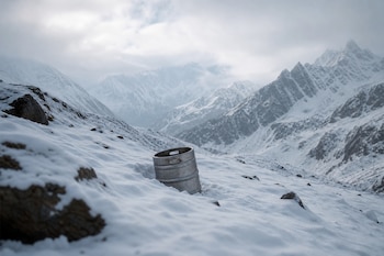 Barril de cerveza metálico parcialmente cubierto de nieve en una ladera con rocas frente a montañas nevadas bajo un cielo nublado.