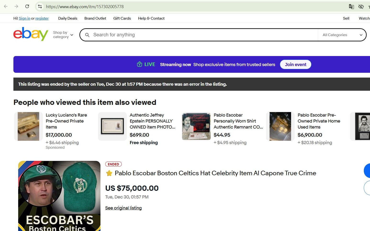 La gorra ya no está disponible en la tienda de compra y venta por internet eBay - crédito captura de pantalla eBay / sitio web