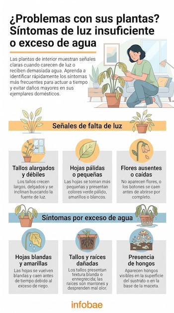 Infografía con una mujer y una planta. Ilustraciones de tallos alargados, hojas pálidas, flores caídas, hojas blandas, tallos y raíces dañadas, hongos.