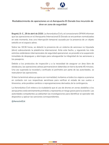 Una intrusión no autorizada en el espacio aéreo causó la suspensión en los servicios aeroportuarios mientras personal especializado verificaba la retirada segura - crédito Aerocivil