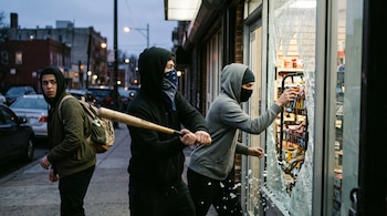 Tres jóvenes con capucha frente a una ventana rota de un comercio, uno lleva un bate de béisbol y otro alcanza productos del interior.