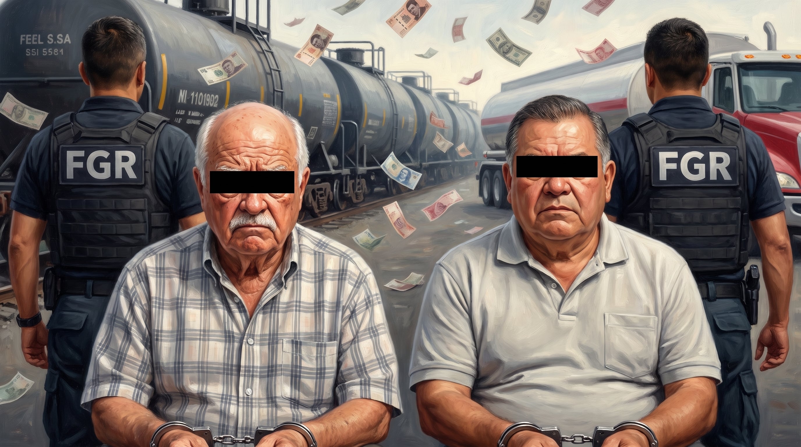 Ernesto Ruffo Appel y Ricardo Thompson Navarro, esposados y bajo custodia de agentes de la FGR, frente a trenes cisterna, un camión y billetes flotando que simbolizan un delito económico. (Imagen Ilustrativa Infobae)